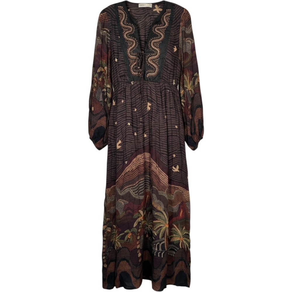 Dress To Brazil Tropical Brown Print Balloon Sleeve‎ Boho Maxi Dress Small